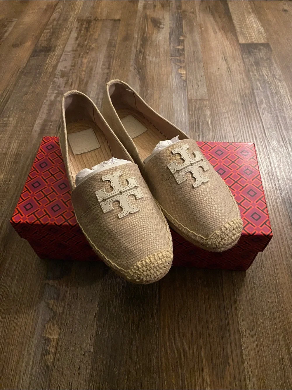 Tory Burch Beige Canvas Logo Espadrille Flats